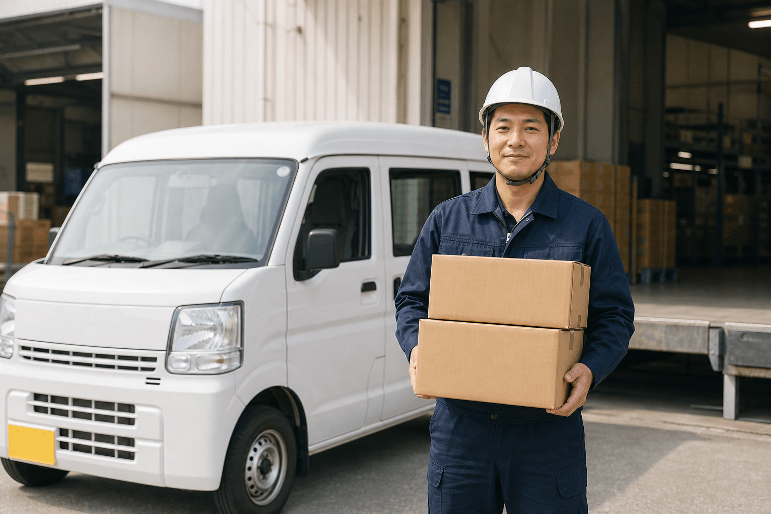 倉庫の荷捌き場で、ヘルメットと作業着を着た配送スタッフが段ボールを抱え、白い軽バンの前でこちらを向いて立っている